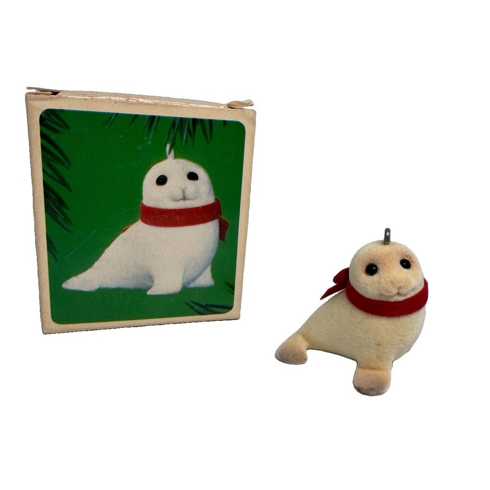 Christmas Hallmark Ornament Handcrafted Snowy Seal White Flock Design 1984